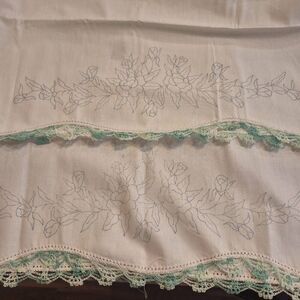 Pillowcases (2) White Cotton, Vintage, Crocheted Edge and Iron on Design that ne